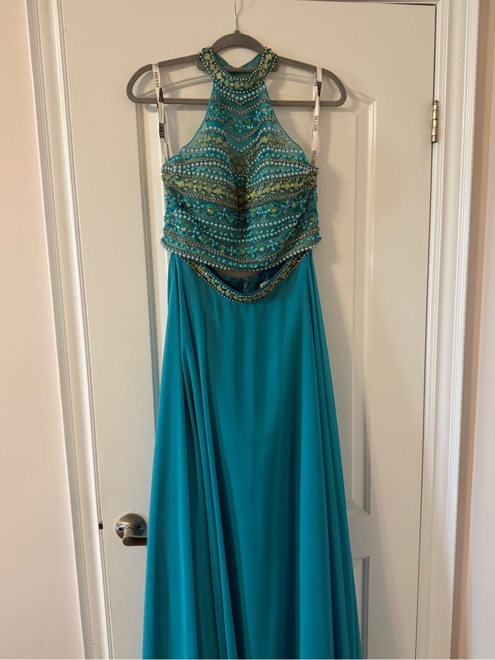 Blush Teal Beaded Halter Prom Dress